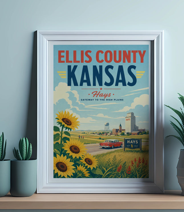 Vintage poster: Ellis County Kansas, Hays, Gateway to High Plains, sunflowers, red car.