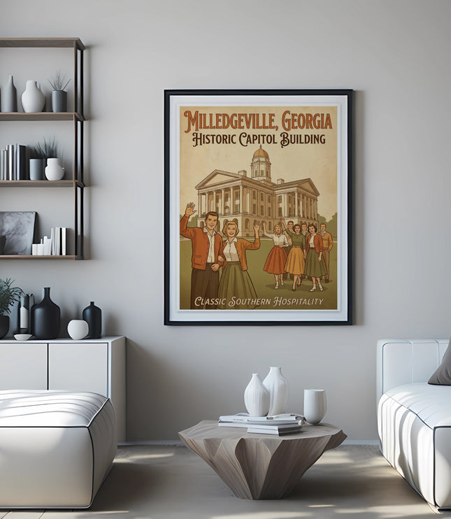 Milledgeville, Georgia Historic Capitol Building poster with people and text.
