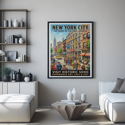 New York City poster featuring "Visit Historic Soho" and colorful street scene.