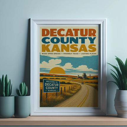 Decatur County, Kansas poster with farm scene, sun, and road.