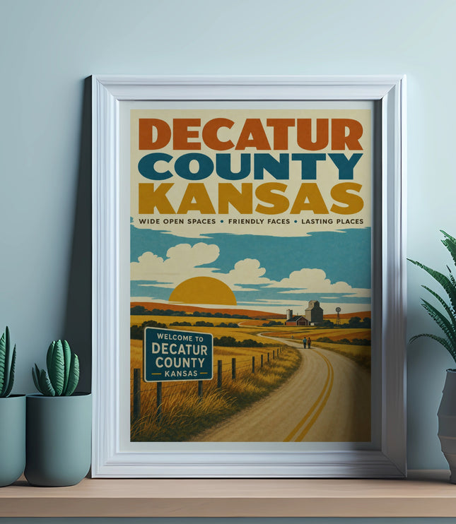 Decatur County, Kansas poster with farm scene, sun, and road.