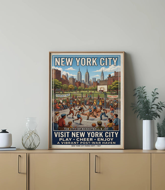 Vintage New York City travel poster showing a basketball game and skyline.
