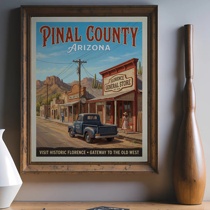 Pinal County Arizona vintage travel poster with Florence General Store and truck.