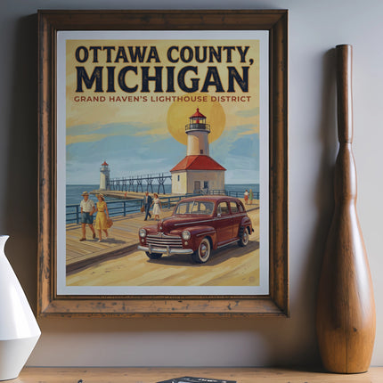 Ottawa County, Michigan Grand Haven's Lighthouse District framed poster with vintage car.