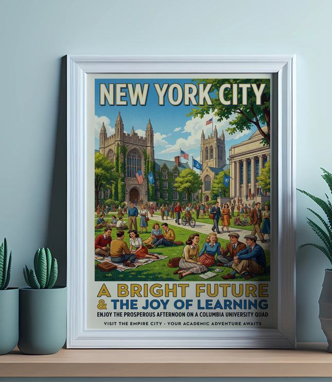 New York City poster depicting students on a Columbia University quad with text about a bright future.