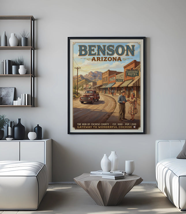 Vintage poster of Benson, Arizona, featuring a street scene with a red truck and people.