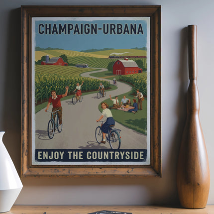 Vintage poster of Champaign-Urbana countryside with people cycling and a picnic.