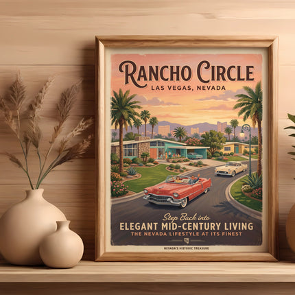 Rancho Circle Las Vegas poster with mid-century homes, cars, and text.