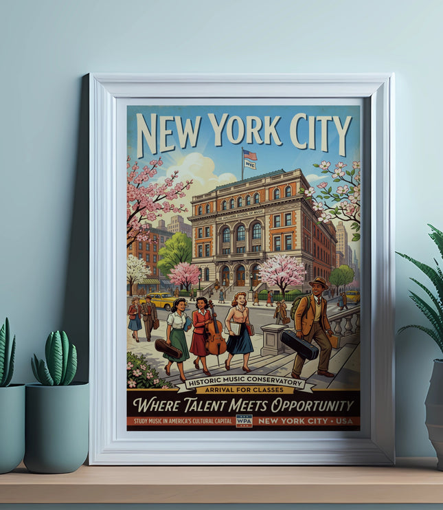 New York City poster depicting conservatory students with musical instruments outside Juilliard.
