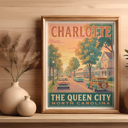 Charlotte The Queen City, North Carolina retro travel poster with vintage cars.
