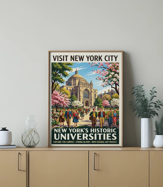 Visit New York City poster showing historic universities and people walking.