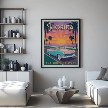 Retro Florida "The Sunshine State" poster with a turquoise convertible and palm trees.