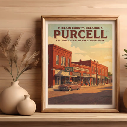 Purcell, Oklahoma vintage travel poster with classic car and businesses.