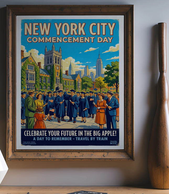 New York City Commencement Day poster featuring graduates and city skyline.