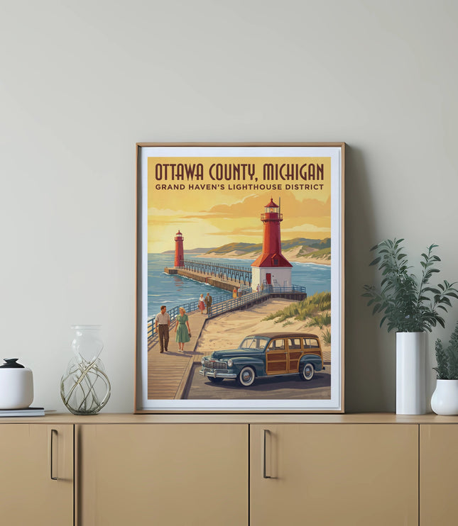 Ottawa County, Michigan Grand Haven's Lighthouse District poster with a beach scene.
