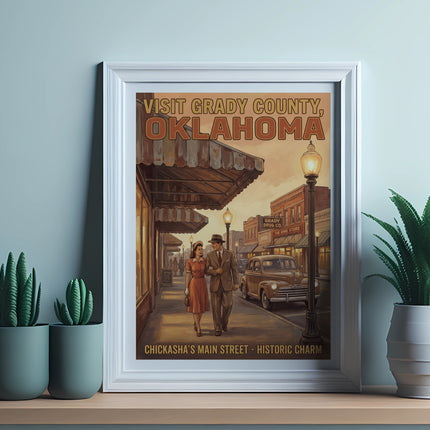 Grady County, Oklahoma retro poster featuring a couple walking in Chickasha.
