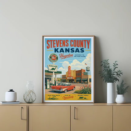 Stevens County, Kansas, vintage Hugoton Sinclair gasoline advertisement with classic car.