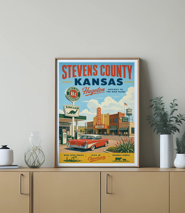 Stevens County, Kansas, vintage Hugoton Sinclair gasoline advertisement with classic car.