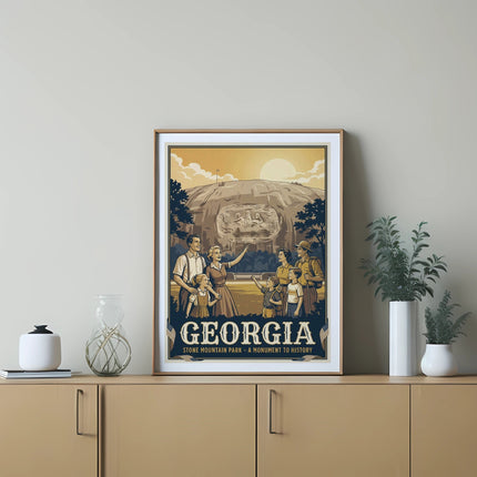 Framed poster of Stone Mountain Park with family and monument.