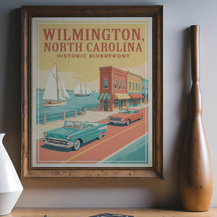Poster featuring "Wilmington, North Carolina Historic Riverfront" with vintage cars and sailboats.
