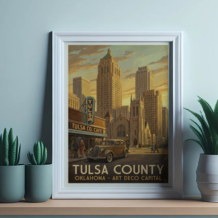 Vintage art deco poster of Tulsa County, Oklahoma, featuring buildings and a retro car.
