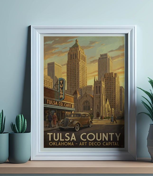 Vintage art deco poster of Tulsa County, Oklahoma, featuring buildings and a retro car.