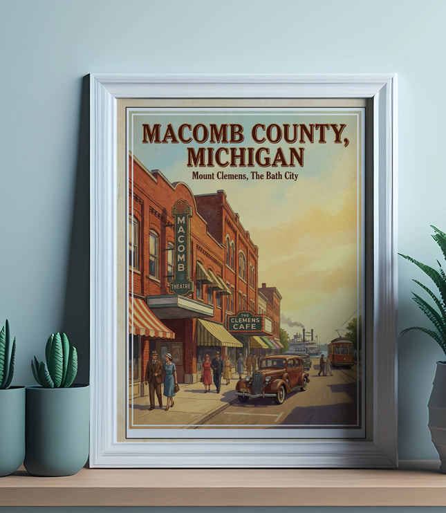 Vintage poster of Macomb County, Michigan, showing Mount Clemens with a theatre and cafe.