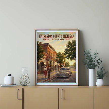 Livingston County, Michigan: Howell, Historic Main Street painting with couple and classic car.