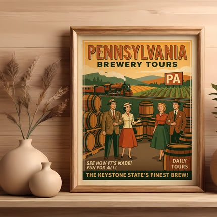 Pennsylvania Brewery Tours poster with train, barrels, vineyard, and people.