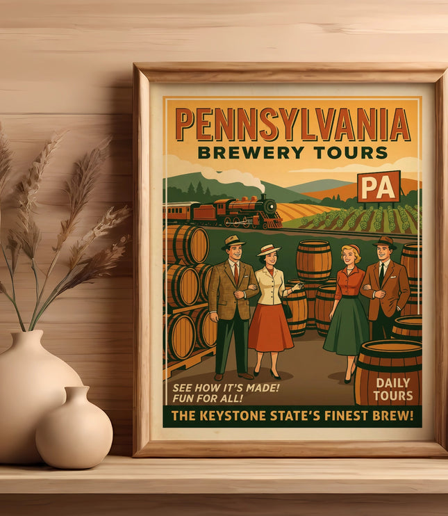 Pennsylvania Brewery Tours poster with train, barrels, vineyard, and people.
