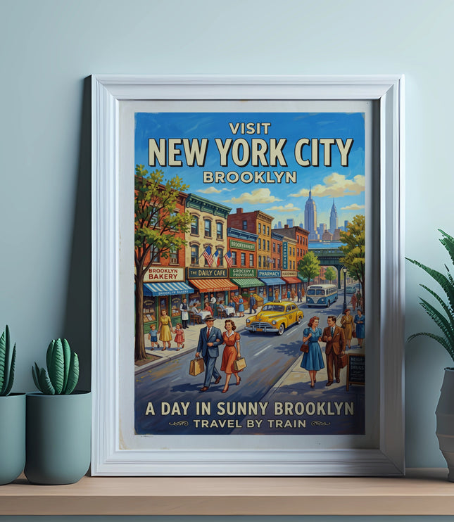 Vintage poster for "Visit New York City Brooklyn" featuring a street scene and text.