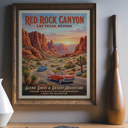 Red Rock Canyon Las Vegas Nevada poster with vintage cars on a scenic road.