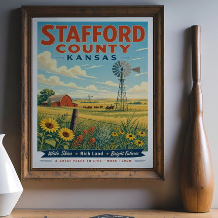 Stafford County Kansas poster with farm scene and windmill.