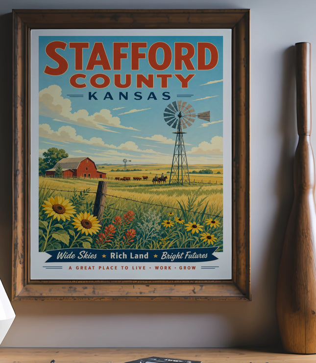 Stafford County Kansas poster with farm scene and windmill.