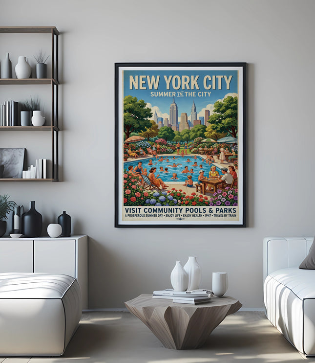 "New York City Summer in the City" vintage travel poster featuring a crowded swimming pool.