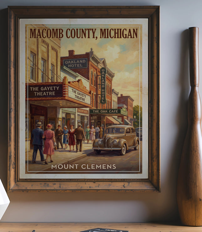 Vintage poster of Mount Clemens, Michigan featuring the Oakland Hotel and Gayety Theatre.
