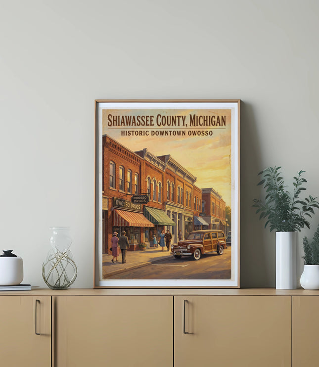Retro art print shows historic downtown Owosso, Michigan with vintage car and buildings.
