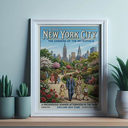 Vintage "Visit New York City" poster of a park scene with people, 1947.