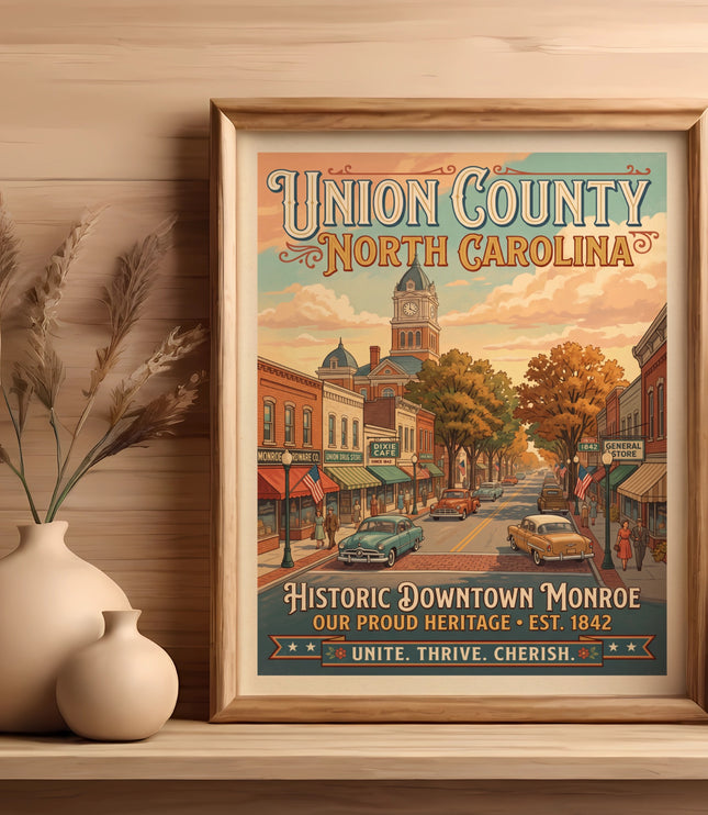 "Union County North Carolina" vintage poster shows historic downtown Monroe EST. 1842.