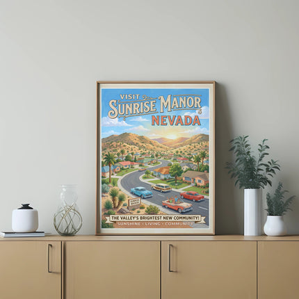 Vintage-style "Visit Sunrise Manor Nevada" poster featuring a retro town scene.