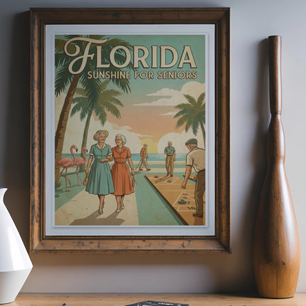 Florida Sunshine for Seniors vintage poster with people, palm trees, and flamingos.