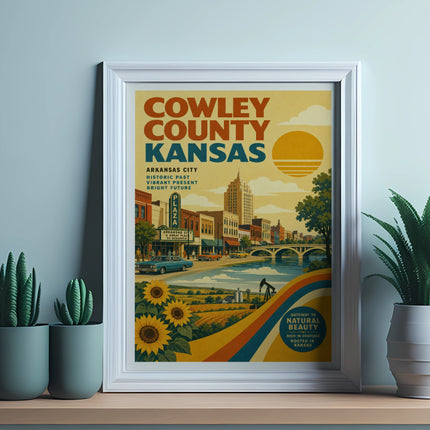 Vintage poster for Cowley County, Kansas, with landmarks and sunflowers.