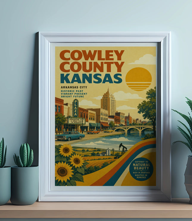 Vintage poster for Cowley County, Kansas, with landmarks and sunflowers.