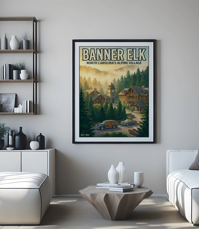 Poster of Banner Elk, North Carolina's Alpine Village with log cabins and cars.