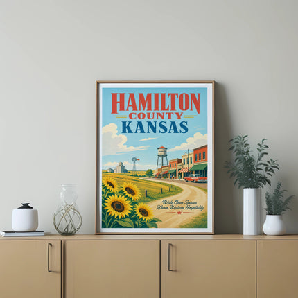 Hamilton County Kansas vintage travel poster with sunflowers and buildings.