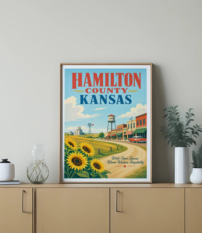 Hamilton County Kansas vintage travel poster with sunflowers and buildings.