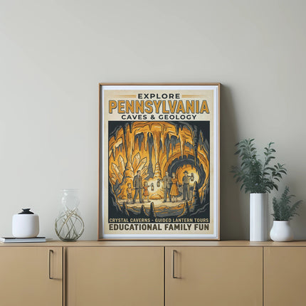 Poster "Explore Pennsylvania Caves & Geology" displayed on a shelf.
