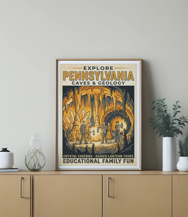 Poster "Explore Pennsylvania Caves & Geology" displayed on a shelf.
