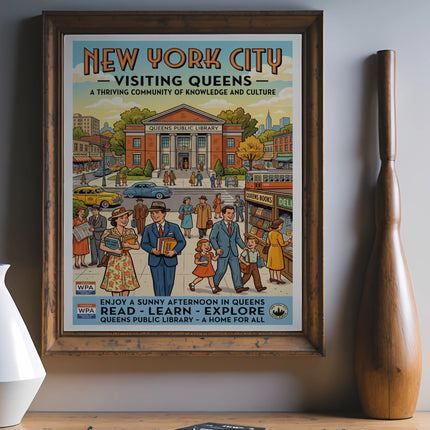 Vintage WPA poster advertising Queens, New York City, with the Queens Public Library.