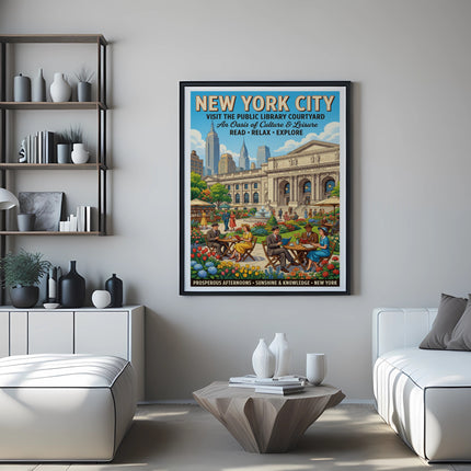 New York City Public Library courtyard vintage travel poster with people dining.